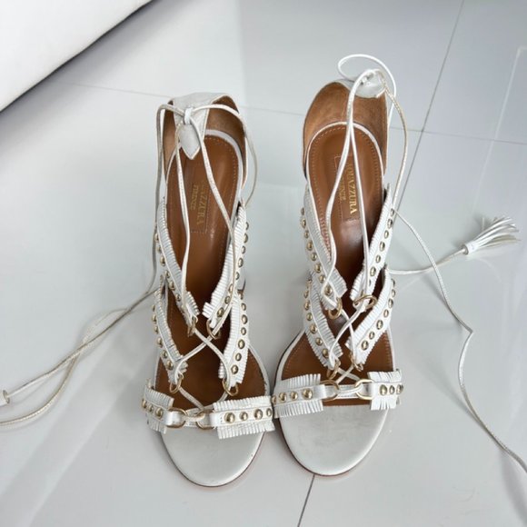 Aquazurra White Tulum Studded Fringe Lace -up Suede Sandals Size 38.5 NWOT - Picture 1 of 8
